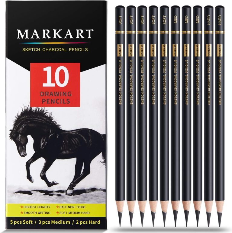 MARKART Professional Charcoal Pencils Drawing Set – 10 Pieces Soft Medium and Hard Charcoal Pencils for Drawing, Sketching, Shading